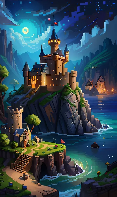 (pixel art), in the night, an ancient dakness castle on an isolated island, with a European style, sharp focus, 8k, beautiful, detailed artwork, fantasy castle, high quality, masterpiece, 