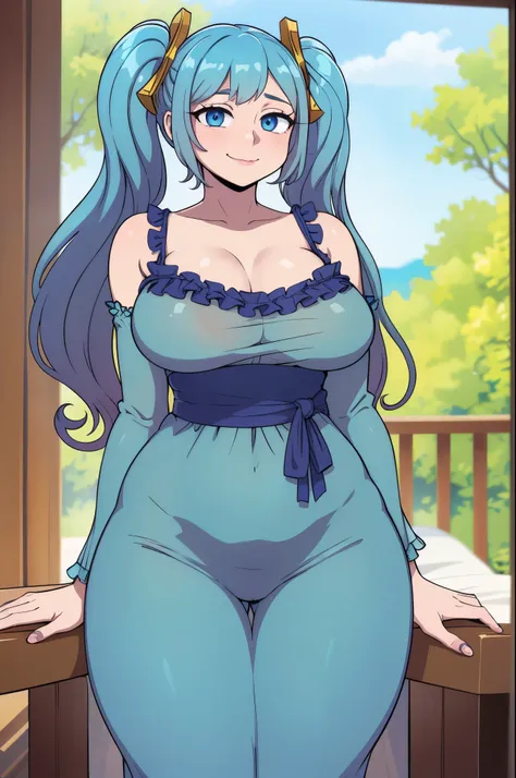 masterpiece, best quality, ultra-detailed, illustration, colorful, flat color, depth of field, 1girl, anime, sona buvelle, blue hair, twintails, blue eyes, looking at viewer, at bedroom, wearing see-through nightgown, hands behind back, lean towards viewer...