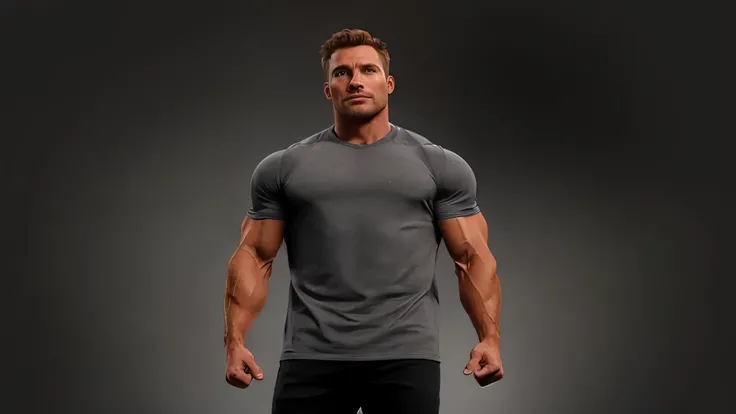 a close up of a man in a gray shirt and black pants, athletic man in his 30s, exaggerated muscle physique, exaggerated physique, full upper body, male model, full body model, defined upper body, slender and muscular build, arnold render, in billy herringto...