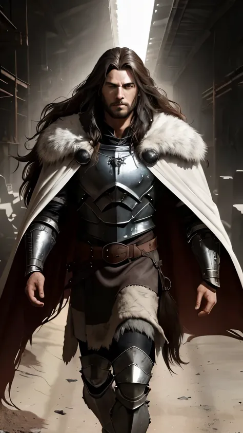 a long-haired man wearing rustic futuristic armor, a medium cape made of a wolfs pelt; [rustic] armor design, [detailed] rusty texture, [aged] armor with scratches and dents; [futuristic] metallic patterns and glowing accents on the armor; [intimidating] s...