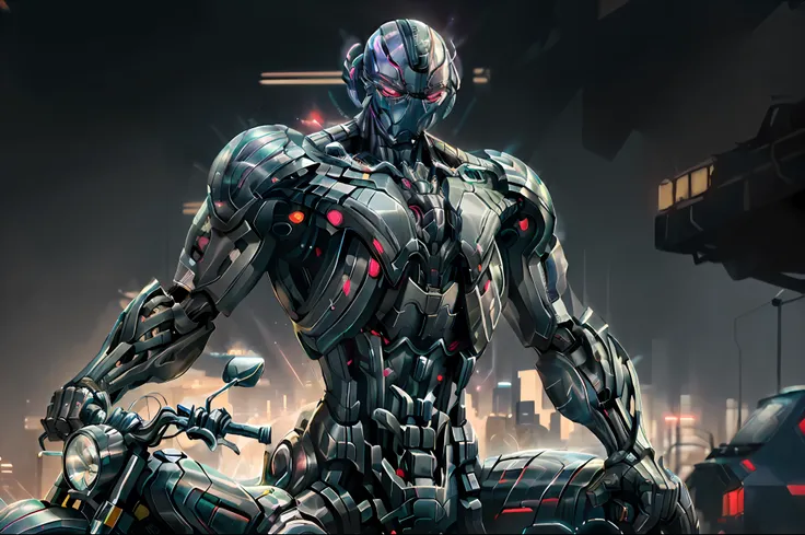 (Ultron:1.3), (Pilotando motocicleta futurista:1.2), Cidade movimentada ao entardecer, neon lights reflecting the steel body, cars and buses passing through the site, dynamic action (aesthetic cyberpunk:1.2), (glowing neon:1.3), (circunstanciado:1.1), (HDR...