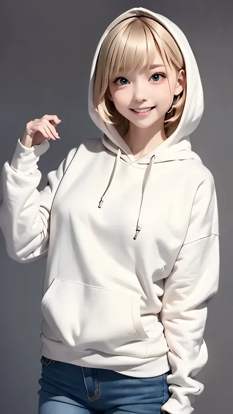 beautiful eyes、(Light beige hair color)、((((White sweatshirt、Wearing a hoodie))))、((((short jeans))))、(((upper body covered with cloth)))、(huge breasts:1.1)、blunt bangs、short hair、straight hair、white skin、strong lighting throughout the body、black backgroun...