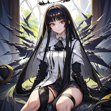 virtuosa_arknights,long_hair, bangs, black_hair, halo, smile, closed_mouth, ascot, very_long_hair, wings, black_eyes, blunt_bang...