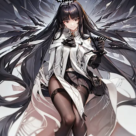 virtuosa_arknights,long_hair, bangs, black_hair, halo, smile, closed_mouth, ascot, very_long_hair, wings, black_eyes, blunt_bangs, masterpiece,no errors, perfect face, perfect body,2 arms,2legs,w sitting, sitting on ground,arms between legs,hands between l...