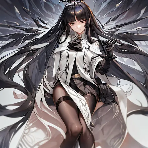 virtuosa_arknights,long_hair, bangs, black_hair, halo, smile, closed_mouth, ascot, very_long_hair, wings, black_eyes, blunt_bangs, masterpiece,no errors, perfect face, perfect body,2 arms,2legs,w sitting, sitting on ground,arms between legs,hands between l...