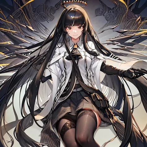 virtuosa_arknights,long_hair, bangs, black_hair, halo, smile, closed_mouth, ascot, very_long_hair, wings, black_eyes, blunt_bang...