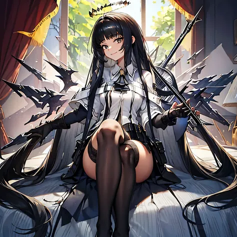 virtuosa_arknights,long_hair, bangs, black_hair, halo, smile, closed_mouth, ascot, very_long_hair, wings, black_eyes, blunt_bang...