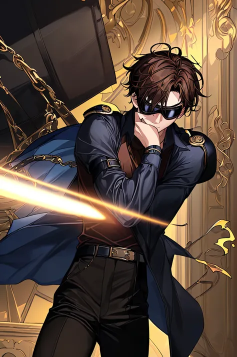 (​masterpiece、top-quality、absurderes)、 18-year-old adult male, Detailed pupil glow, short, twitchy dark brown hair, Long bangs, gold and red eyes, Dark Blue Shirt, black pants, Contre-Jour, large goggles covering his eyes, utility belt