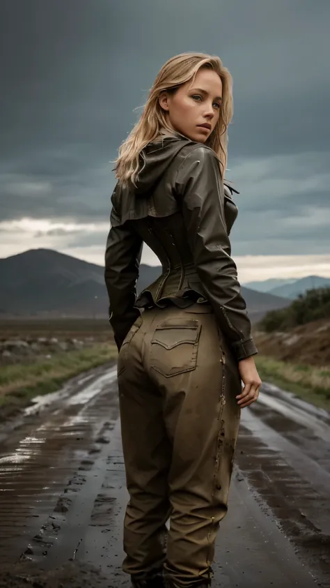 Foto hiperrealista en primer plano de 20 years old Maria Bello,, masterpiece, best quality, (photorealistic:1.4), full body, she is dirty, Dirty rain coat, dirty corset, dirty pants, Depict an empty road, mountains in the background, a rainy day, a muddy r...