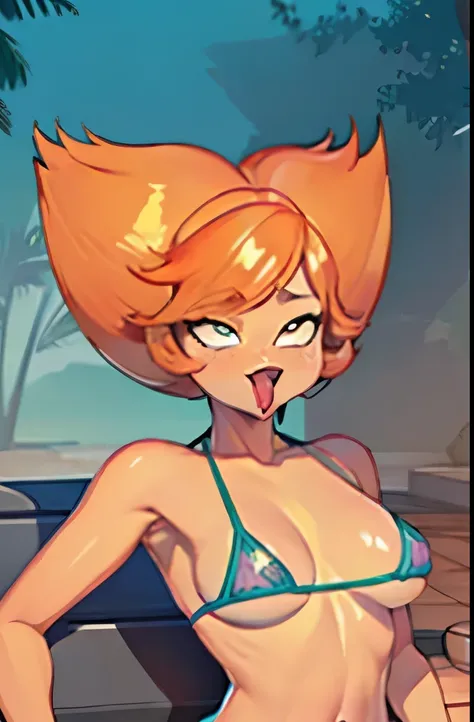 Chica de ojos grandes,, pechos grandes, Hestia ((Solo)) ((solo)), Orange hair, micro bikini, ((hd)),  ((sticking out tongue)), shiny skin