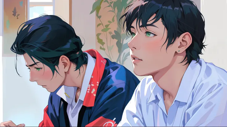 There are two 15-year-old men, their clothes are blue and their hair is green, green eyes., one of them looks with fear and amazement at the horizon sitting next to each other looking at a cell phone, jin shan y ross tran, arte digital picture, pintura dig...