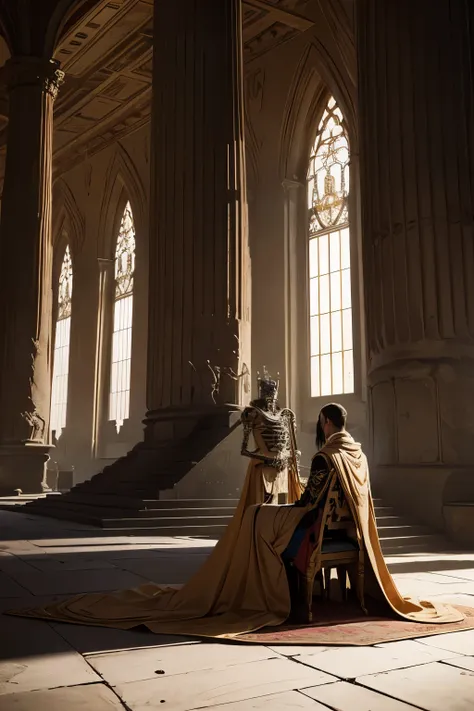 a ancient deserted throne room, a skeleton king, dressed in luxurous clothes, sitting on a throne. a priest kneeling in front of him. Side view