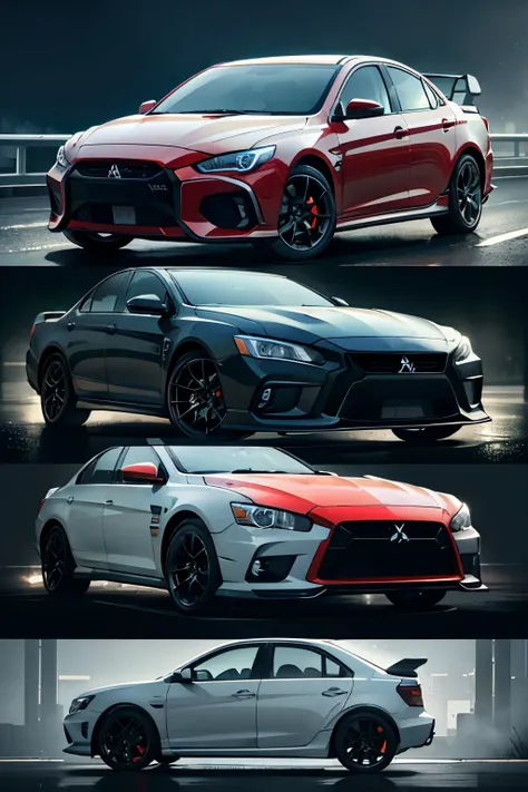 Draw a Mitsubishi Lancer Evo X in multiple colors, captured from six distinct angles, in the midst of a realistic and ultra-high definition rush hour scene.

1. Front view: A vibrant red Mitsubishi Lancer Evo X facing forward, the sleek lines of its hood g...