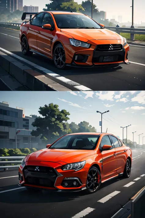 Draw a Mitsubishi Lancer Evo X in multiple colors, captured from six distinct angles, in the midst of a realistic and ultra-high definition rush hour scene.

1. Front view: A vibrant red Mitsubishi Lancer Evo X facing forward, the sleek lines of its hood g...