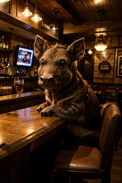 A warthog sitting in a bar