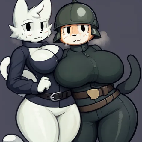 Silly cat, girl, wide hips, cat, antro, white cat,thick legs, body slim, huge breasts, sweat, wearing navy blue pants, wearing navy blue jacket, wearing a dark green army helmet, brown belt,