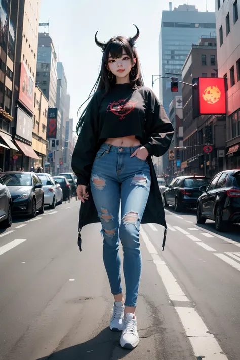 hyper realistic brunette Korean girl, smiling, with medium-size black satanic horns, set against a fantasy backdrop, dons blue-jeans and fashionable clothes, poses confidently with cameras in hand, white-sneakers completing her urban outfit, standing boldl...