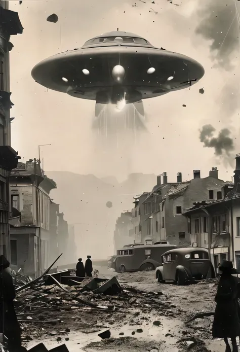 B&W 35mm vintage photo of a UFO in a WW2 picture, destroyed city backdrop, ufo attack, unpublished photo of ufo, ufo landing, ww2 historical photo, aliens invading earth, retro sci - fi picture, 