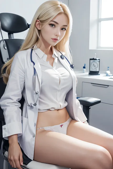 1 female、(european:1.2)、blonde、(super beautiful)、(beautiful face:1.5)、doctor、(Clothes:1.5)、(doctor用の白衣:1.6)、(white shirt:1.5)、Sit in a chair in the exam room、(show panties:1.1)、(white panties)、Stethoscope、(At SFW:1.1)