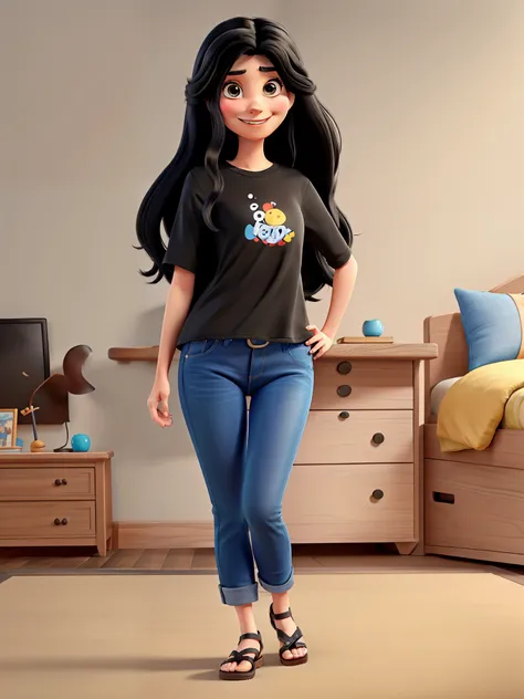 disney pixar style image the character is a 32 year old woman, long black hair, smiling, wearing a black shirt and light colored jeans, with sandals