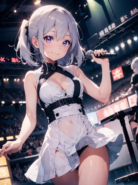 このThe illustration is、Features a silver-haired girl with medium length hair and light purple eyes playing drums on stage、have a microphone、Smile a little、A little cleavage、. She confidently shakes the drumsticks, Surrender to the music. Silver hair dances ...