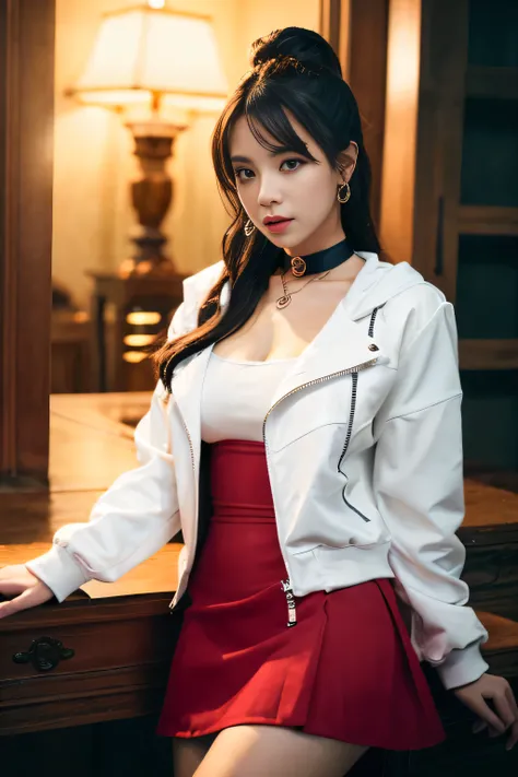 1girl、portrait of a beautiful woman、athletic、white jacket、red skirt、black hair、light makeup、choker、volume lighting、highest quality、masterpiece、intricate details、tone mapping、sharp focus、Super detailed、ArtStation Trends、with a realistic，beautiful face detai...