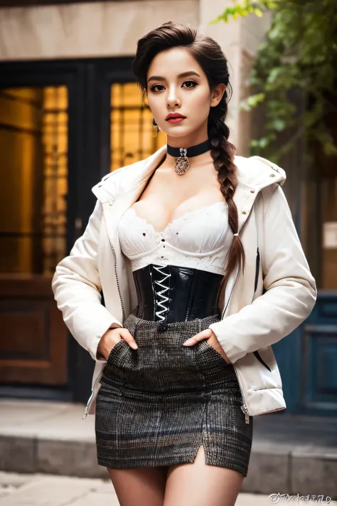 1girl, portrait of beautiful lobapex, athletic, white jacket, corset, skirt, pants, black hair, red hair, braids, makeup, choker, cleavage, wide hips, volumetric lighting, best quality, masterpiece, intricate details, tonemapping, sharp focus, hyper detail...