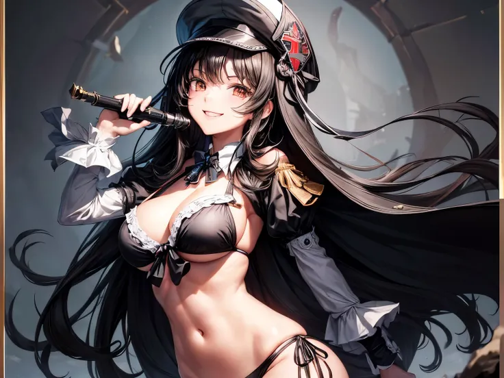 absurd resolution, high resolution, (Meisterwerk: 1.4), Hyper-Detail, Young girl&#39;s messy long black hair, Schwarzer Bikini, White cap, sweet, smiling, posing 