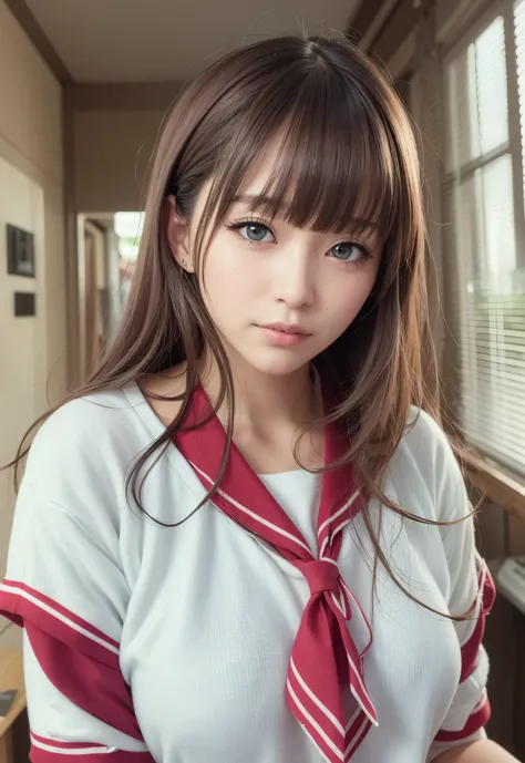 sailor suit、school uniform、A beautiful girl in the world、shiny glossy skin、sparkle on the cheeks、bangs between the eyes、光沢のあるシルクと非常に長くてまっすぐなbeautiful天然ブロンド、eyeliner、Sexy and beautiful 35 years old、High resolution, big, beautiful, bright light blue eyes、Bea...