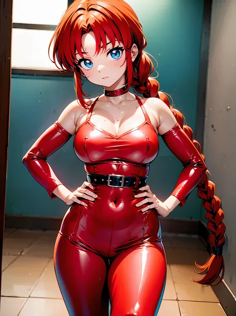 Redhead anime girl wearing pink latex top and black leather pants, garota 16 anos, corpo bonito, seios grandes, red hair with braid, beautiful lighting, olhos azuis, pernas bonitas, agachada, on your knees on the floor, hands on hip, hands on her waist, ha...