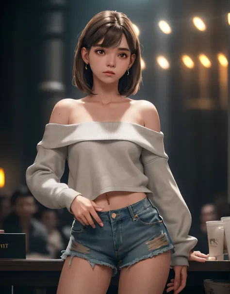 1 girl, grey off the shoulder sweatshirt, ripped denim shorts, earrings, medium hair, light brown hair, parted bangs, ultra-sharp, high details, depth of field, cinematic lighting (masterpiece, best quality), intricate, award winning