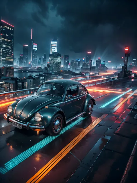 From above, A 1974 vw beetle with a jet engine flying Over a cyberpunk city. Neon, rain, led, blade runner world. Dramatic cinematic light futuristic city, epic realism , masterpiece, UHD