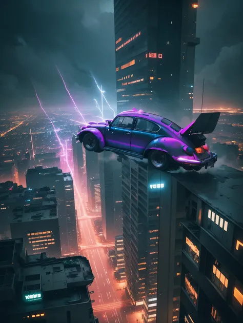 From above, A 1974 vw beetle with a jet engine flying Over a cyberpunk city. Neon, rain, led, blade runner world. Dramatic cinematic light futuristic city, epic realism , masterpiece, UHD