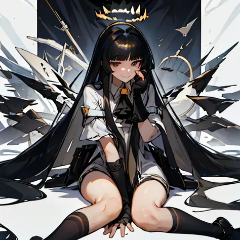 virtuosa_arknights,long_hair, bangs, black_hair, halo, smile, closed_mouth, ascot, very_long_hair, wings, black_eyes, blunt_bang...