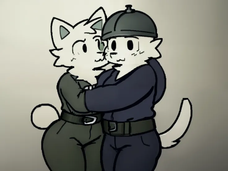 Silly cat, 1girl, 1boy, wide hips, cat, antro, white cat,thick legs, body slim, huge breasts, sweat, wearing navy blue pants, wearing navy blue jacket, wearing a dark green steel army helmet, green belt, hugging a man, baggy clothes, furry chest, kissing,