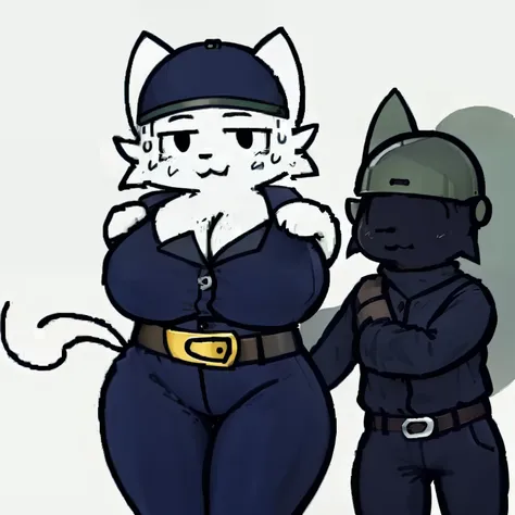 Silly cat, girl, wide hips, cat, antro, white cat,thick legs, body slim, huge breasts, sweat, wearing navy blue pants, wearing navy blue jacket, wearing a dark green steel army helmet, brown belt, hugging a someone,