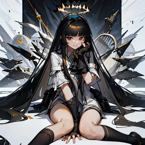 virtuosa_arknights,long_hair, bangs, black_hair, halo, smile, closed_mouth, ascot, very_long_hair, wings, black_eyes, blunt_bangs, masterpiece,no errors, perfect face, perfect body,2 arms,2legs,w sitting, sitting on ground,arms between legs,hands between l...