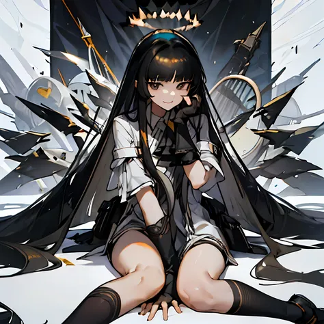vertueux_chevaliers,long_Cheveux, frange, noir_Cheveux, Halo, sourire, closed_bouche, Ascot, very_long_Cheveux, Ailes, noir_yeux, blunt_frange, chef-d&#39;artwork,aucune erreur, visage parfait, corps parfait,2 bras,2 pattes,je suis assis, assis par terre,b...