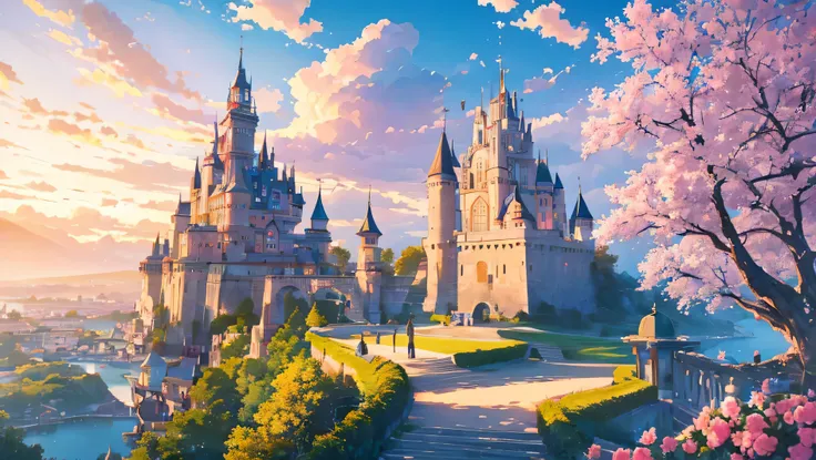 a castle floating in the sky on a big cloud, golden hour, romantic and nostalgic, pink flowers and roses