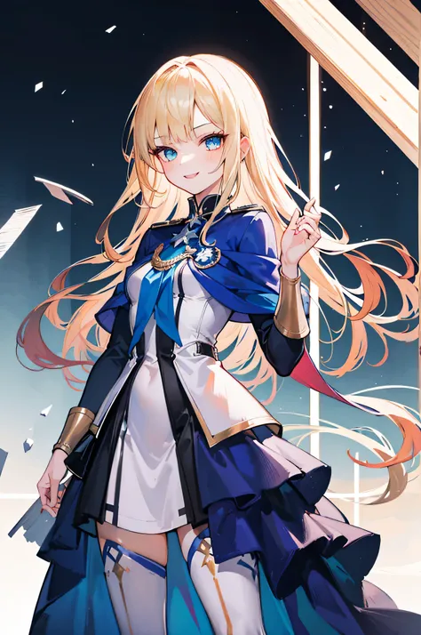 (Standing picture: 1.2) + (1 girl:1.5)+ golden hair + princess cut + White knight uniform + Detailed eyes and noses + deep blue eyes +  White combat uniform + domineering, masterpiece, highest quality,evil smile,holy,((with a cathedral background)),