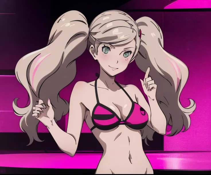 absurd resolution, high resolution, (Meisterwerk: 1.4), Hyper-Detail, A girl , Ann Takamaki aus Persona 5 im einem pinken bikini, Sporthalle, Blush, sweet, seductive, bikini, Smile, verliebt, hole body,  happy body gestures , pinke Socken , normalen pinken...