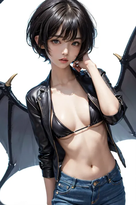 ​masterpiece、hightquality、1girl in、Cool、独奏、middlebreasts、short-hair、(hair between eye)、(00BFFE Pixie Cut)、Bat Wings、Disappointed face、toppless、(Micro bikini、Cropped flared jeans、Leather Blazer)