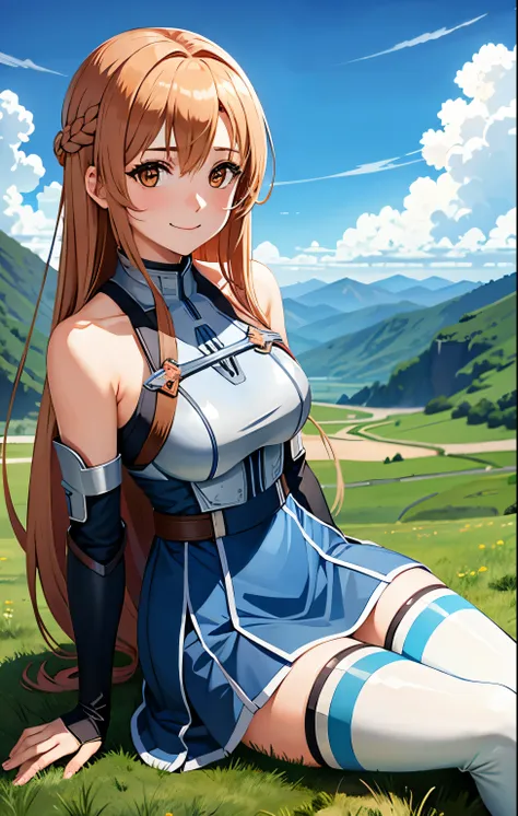 1girl, asuna_\(sao\), bangs, bare_shoulders, blue_sky, blush, boots, braid, breastplate, breasts, brown_eyes, closed_mouth, clou...