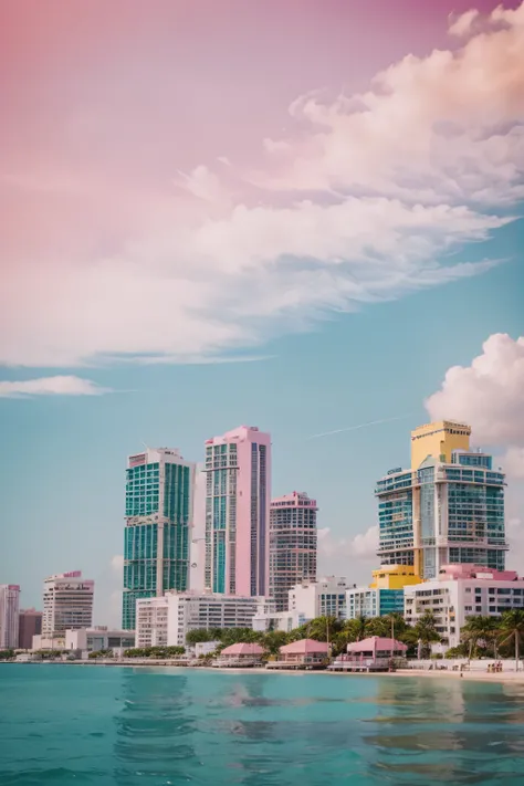 pink yellow miami city and seaside with buildings
