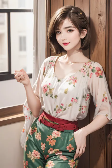 149
(20 year old woman,floral print outfit,pants), (Super realistic), (high resolution), ((beautiful hairstyle 46)), ((short hair:1.46)), (gentle smile), (brest:1.1), (lipstick)
