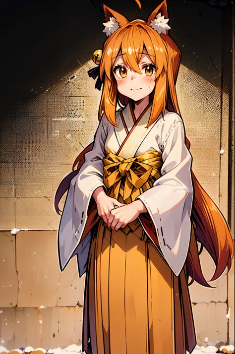 Masterpiece, best quality, perfect lighting, 1girl, solo, suzu, fox ears, fox tail, brown eyes, orange hair, yellow miko kimono, bell hair ornament, medium hair, ahoge, hair between eyes, standing, smile, winter, snow, nighttime, snowing, looking at viewer...