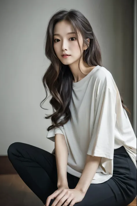 A skinny Japanese lady, long wavy hair, wearing (long T-shirt:1.3), sitting in a dark room. The walls are painted in soft white. Realistic, Photorealistic, High quality, RAW photograph, detailed background, highly detailed, sharp focus, high resolution, 8k...