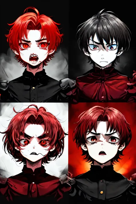 (perfect face）（male）（fear）（Children）（Scarlet pupils）（modern）稚嫩的Children撕开巨茧踏步而出，Dark red short hair and eyebrows，The scarlet pupils bloomed with a frightening fierce light，Strange and handsome