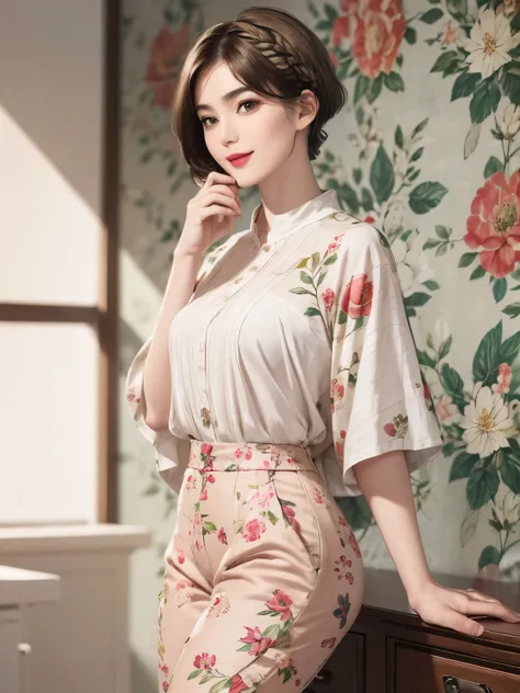 149
(20 year old woman,floral print outfit,pants), (Super realistic), (high resolution), ((beautiful hairstyle 46)), ((short hair:1.46)), (gentle smile), (brest:1.1), (lipstick)
