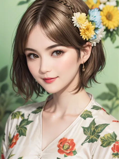 149
(20 year old woman,floral print outfit,pants), (Super realistic), (high resolution), ((beautiful hairstyle 46)), ((short hair:1.46)), (gentle smile), (brest:1.1), (lipstick)
